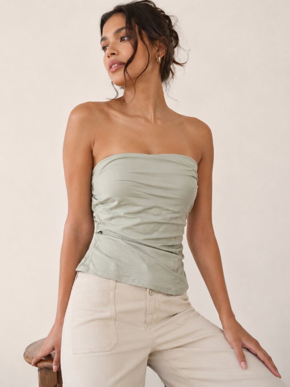 Anthropologie Sage Green Strapless Ruched Tube Top